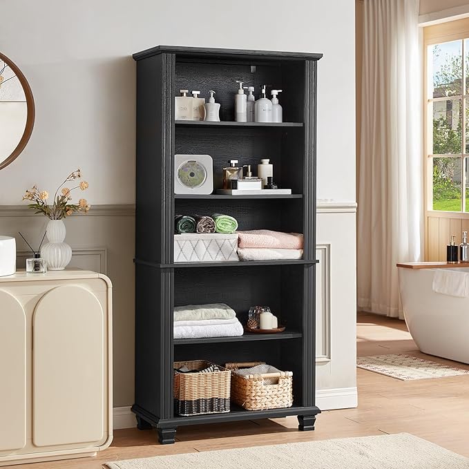 70" Tall Black Bookshelf,5 Tier Wooden Book Shelf with Adjustable Shelves & Wood Legs,Free Standing Farmhouse Bookcase with Open Display Storage,Vintage Bookshelves for Living Room, 2PCS