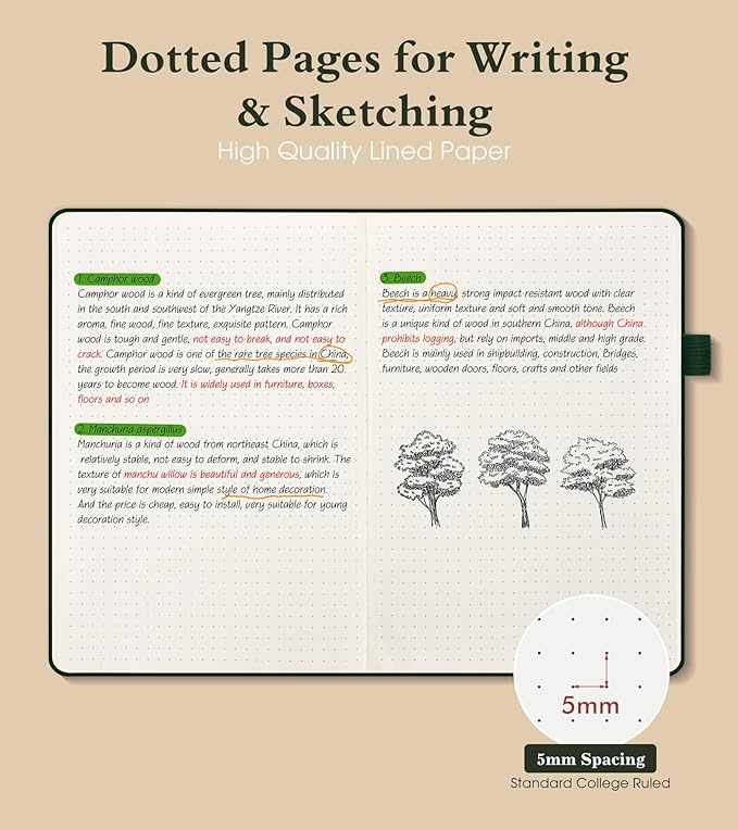 Dotted Journal Notebook for Women Men, 160 Pages Dot Grid Paper,Inner Pocket, A5 Hardcover Vintage Leather Notebooks for School, Work, Travel, Note Taking，Bullet Journaling 5.8"x8.5" (Green)