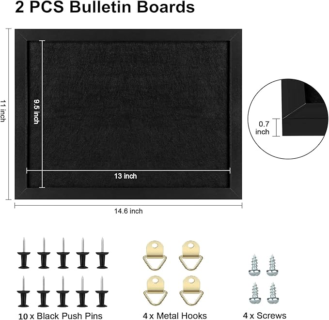 TORASO Cork Board Bulletin Board, Cork Boards for Walls with Pins, Eye Bolts, gaskets, Screws, Pin Board for Office, School and Home (All Black, 11“x14.5” - 2p)