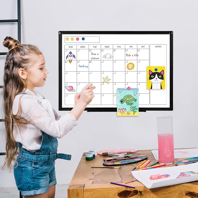 Monthly Calendar Dry Erase Whiteboard, 36" x 24" Magnetic Calendar White Board, Double-Sided Portable Board with Black Aluminium Frame for Office, Kitchen, School, Home