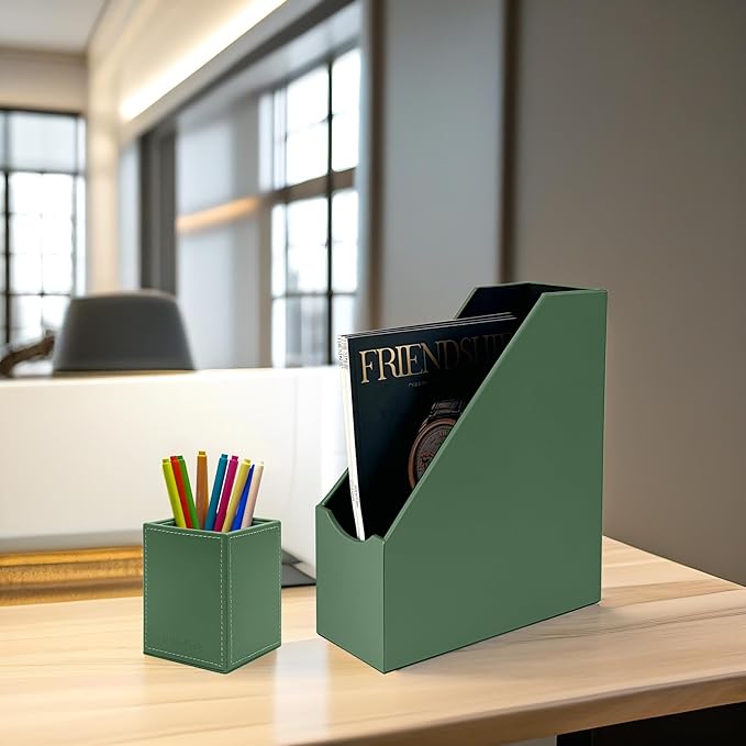 UnionBasic Magazine File Holder, Leatherette Desktop Document Organizer, Home Office Paper Holder File Storage Literature Sorter, Malachite Green