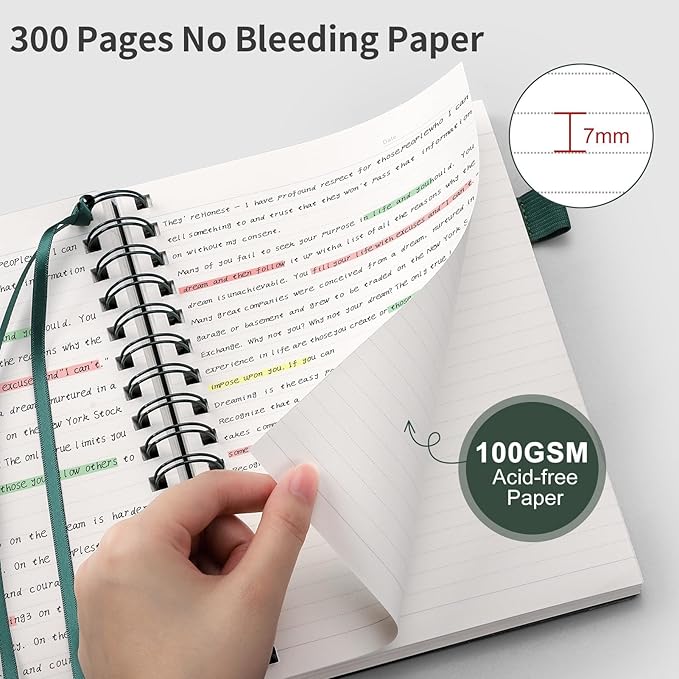 EMSHOI Lined Journal A4 Spiral Notebook, College Ruled Notebook, 300 Pages/150 Sheets, 100gsm Acid-Free Paper, Waterproof Softcover Notebook for School, Work, Writing, 8.27" × 11.2" - Dark Green