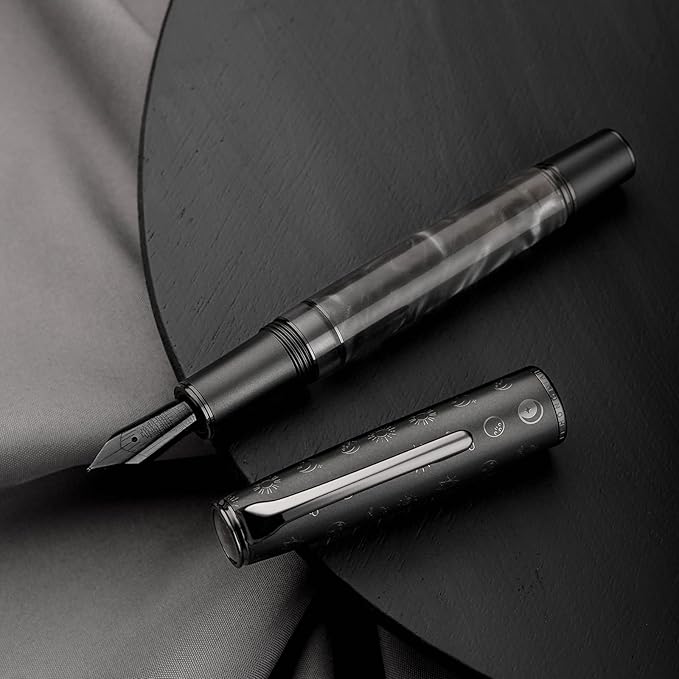 Hongdian N7 Gray Resin Piston Fountain Pen, Steel Fine Point Classic Pen Robbit on Top, Smooth Writing Pen with Metal Case