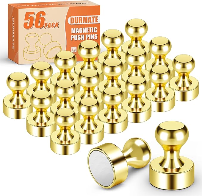 Strong Whiteboard Magnets, Cute Kitchen Magnets for Refrigerator, Tiny Gold Magnetic Clips, Magnetic Push Pins for Kitchen Decor and Accessories, Office, Gadgets, Pack of 56
