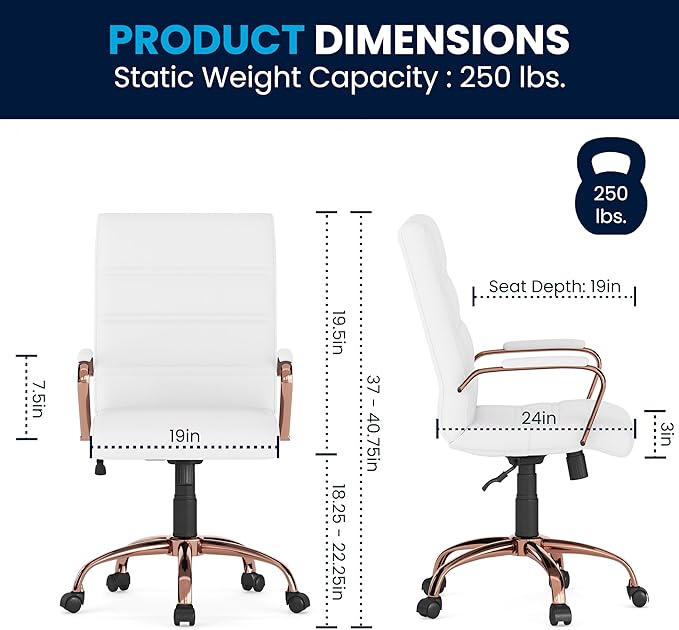 Flash Furniture Whitney Mid-Back Swivel LeatherSoft Desk Chair with Padded Seat and Armrests, Adjustable Height Padded LeatherSoft Office Chair, White/Rose Gold