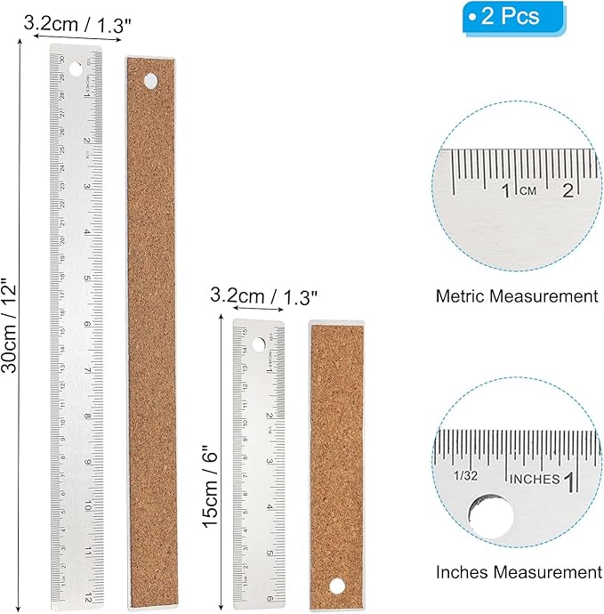 PATIKIL 6, 12 Inch Stainless Steel Straight Edge Ruler, 2 Pcs Cork Backing Non-Slip Metal Ruler with Inches Centimeter Metric Measuring Tools for Office