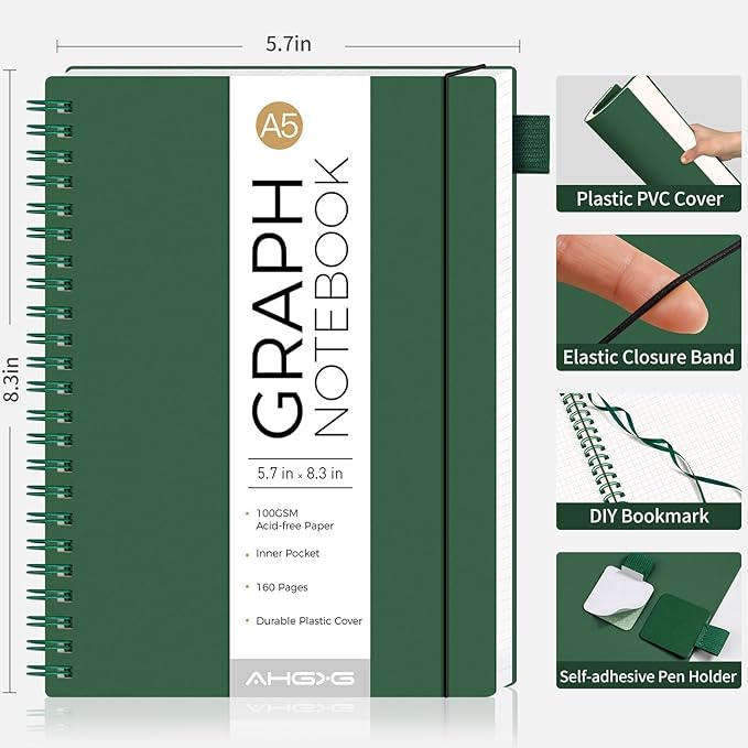AHGXG Graph Paper Notebook - Spiral Notebook Journal 160 Pages, A5 Graph Notebook 5.7" x 8.3", 100 gsm Thick Grid Paper, Waterproof Plastic Cover, for School Writing Engineering Math, Green