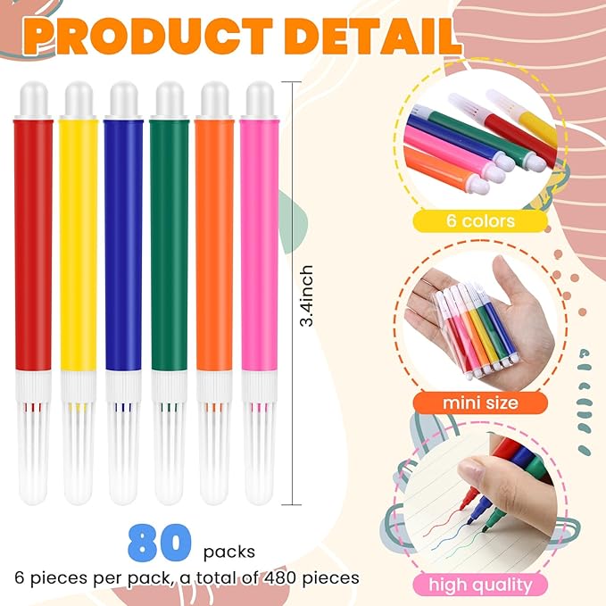 480 Pcs Mini Markers Colored Pen 3.4 Inch Vibrant Colors Portable Short Colored Markers Assorted Multicolor Watercolor Marker Pen for Kids and Adult Glass Office School Supplies (6 Colors)