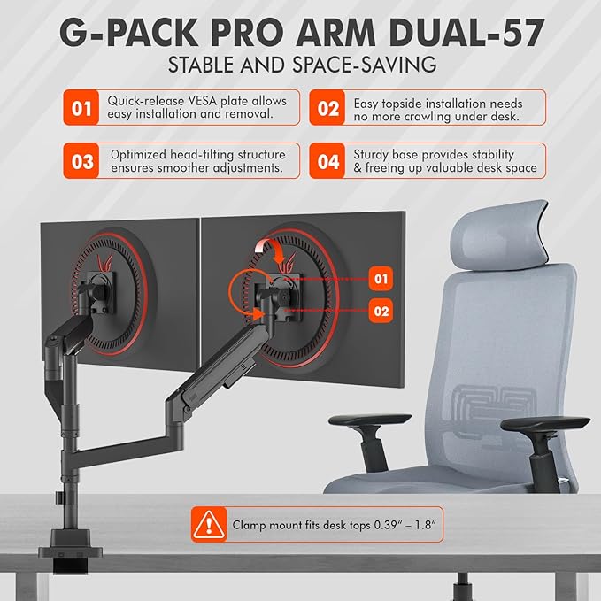 Dual Monitor Arm for 17-57 Inch Ultrawide Screens – Heavy Duty Monitor Arm Desk Mount – VESA Mount with Clamp and Grommet Base – Holds Up to 59.4 lbs. Each