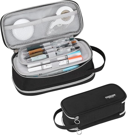 Pencil Case Large Zipper Pencil Pouch for Girls Kids Teens Adults Aesthetic Pencil Bag Stationery Organizer Pencil Case with Handle for School Black