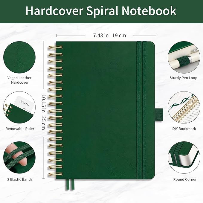 EMSHOI B5 Hardcover Leather Spiral Notebook College Ruled, 300 Numbered Pages, 100 GSM Thick Paper - Lined Journal for Men Women Work, Writing & Note-Taking, 7.48"x10.15", Dark Green