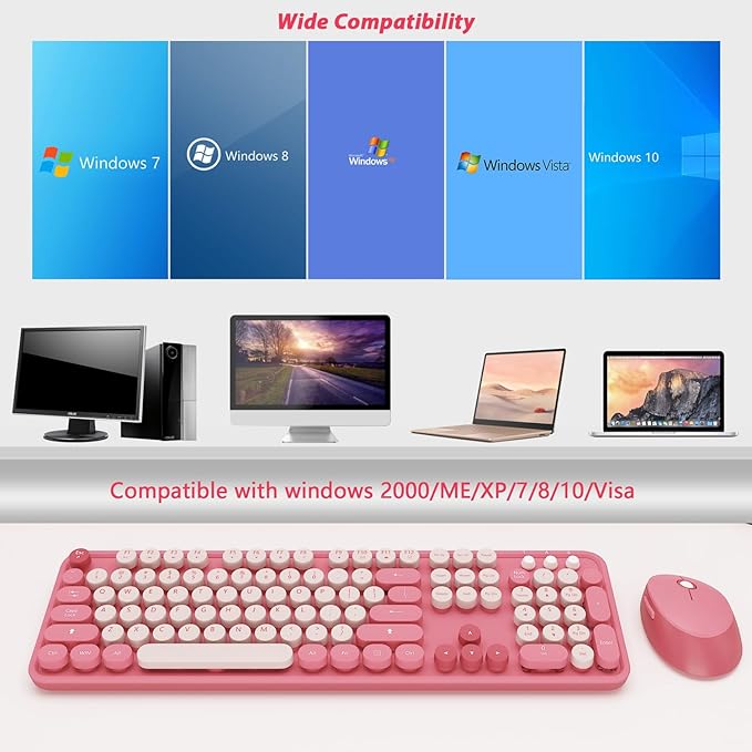 Wireless Keyboard,KOOTOP Cute Colorful 104 Keys Typewriter Retro Round Keycaps Keyboard for PC Laptop,Desktop,Windows, Home and Office Keyboards(Pink)