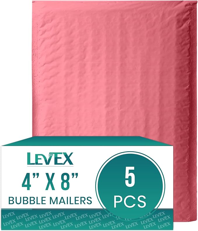 Levex - #000 4" x 8" [5 Pack] Pink Poly Bubble Mailers, Padded Envelope Mailers, Packing Envelope & Mailing Bags for Shipping