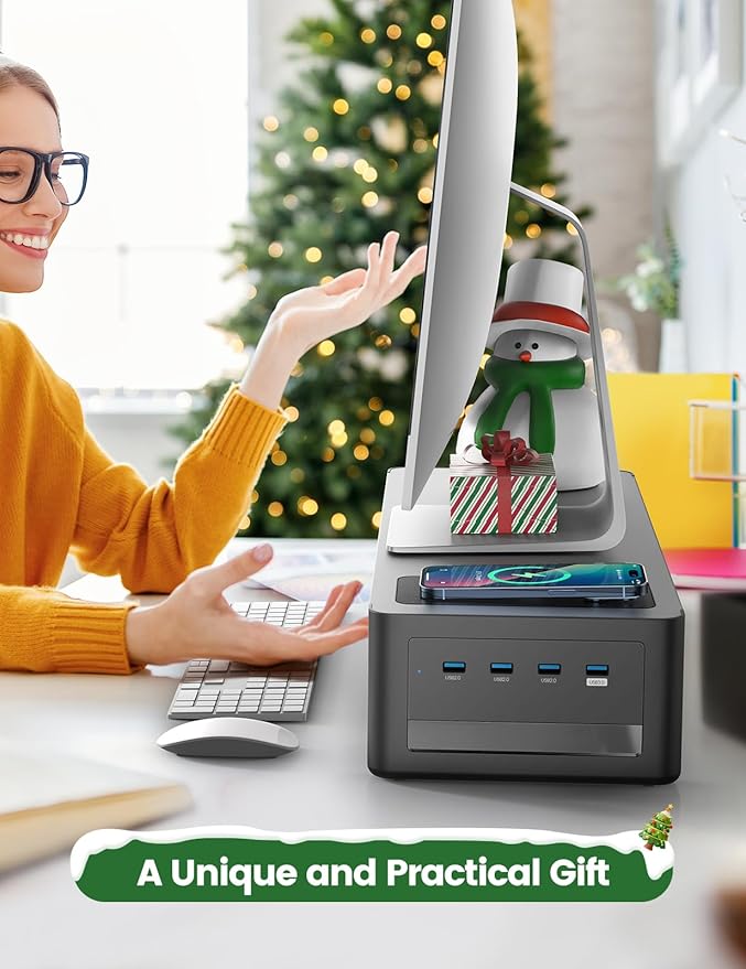 meatanty 3 In 1 Monitor Stand Riser with 2 Drawers,1 Wireless Charging Module and 4 USB Ports,Metal Computer Stand Support Transfer Data & Charging,Desk Organizer for PC,iMac (21 inches)