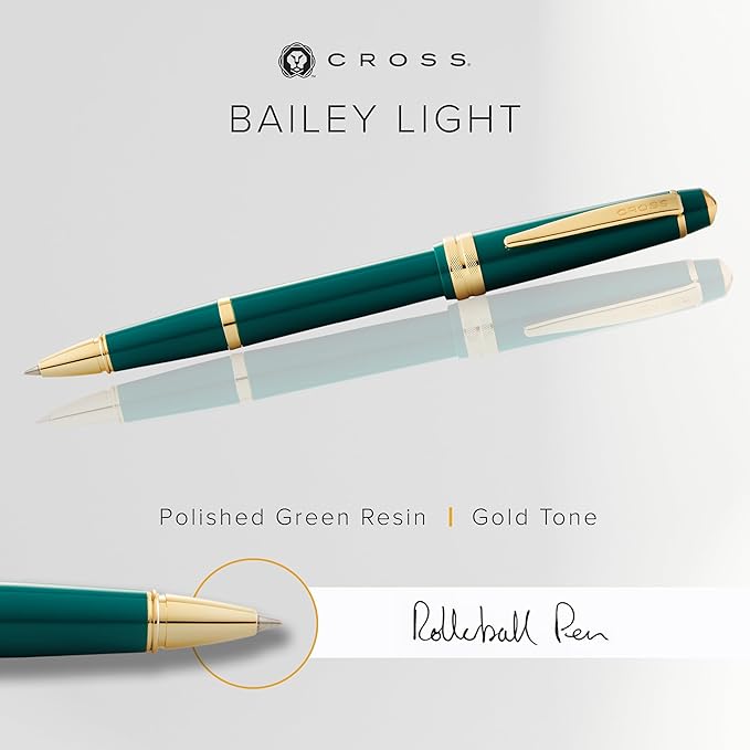 Cross Bailey Light Refillable Rollerball Pen Presented in a Everyday Gift Box - Medium Point, Black Ink, Polished Green