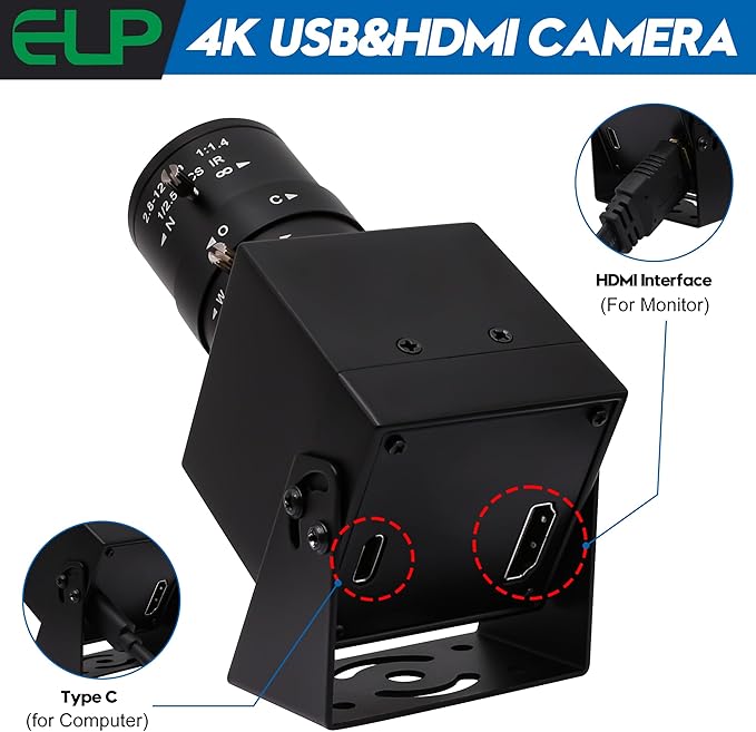 ELP 4K HDMI USB Camera - 2.8-12mm 4X Zoom Webcam With Manual Adjustment for Computer, TV, Projector, Monitor