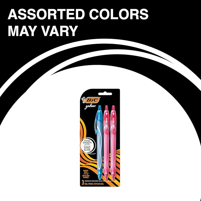 BIC Gelocity Quick Dry Assorted Colors Gel Pens, Medium Point (0.7mm), 3-Count Pack, Retractable Gel Pens With Comfortable Full Grip