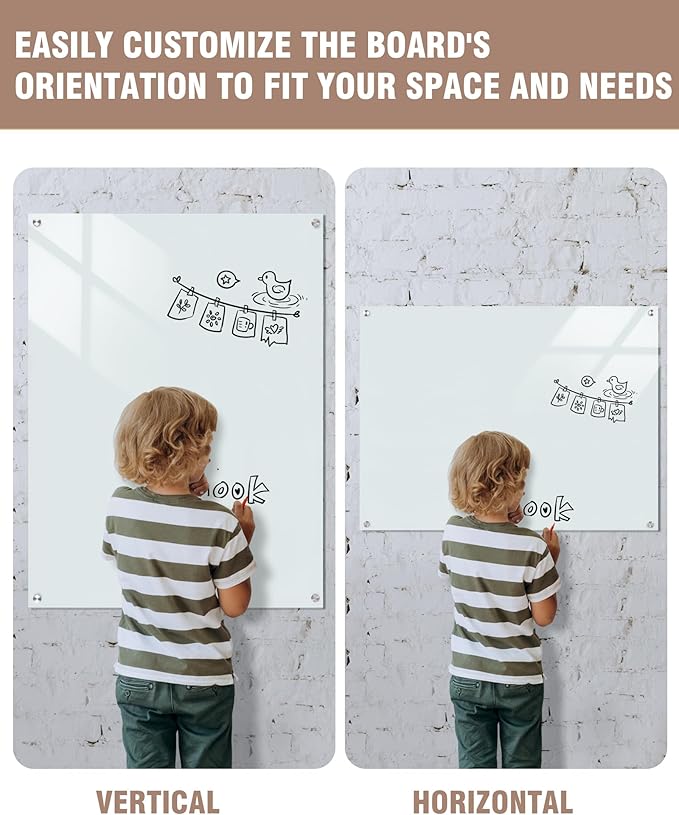 Magnetic Glass Whiteboard，48"x36" Wall Mounted Frameless Dry Erase Board for Office, Home & School White