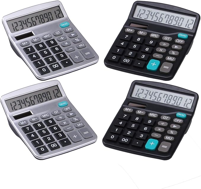LICHAMP Desk Calculators with Big Buttons and Large Display, Office Desktop Calculator Basic 12 Digit with Solar Power and AA Battery (4 Packs Included), 4 Bulk Pack