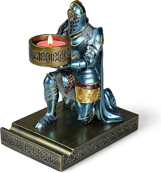 King's Guard Kneeling Knight Candlestick Holders Resin Posture TeaLight Holder Warrior Mobile Phone Stand Pen Holder Candle Holder for Restaurant, Altar, Home Table(Blue)