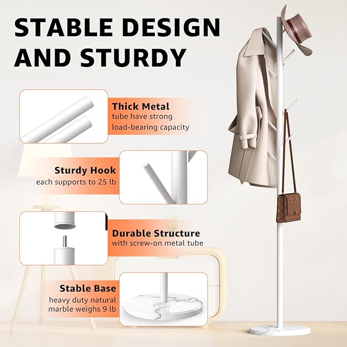 Coat Rack with Natural Marble Base, Metal Freestanding Coat Rack with 8 Hooks, 3 Adjustable Size Sturdy Coat Tree for Bags, Coats, and Hats for Entryway, Hallway, Bedroom, Office, White