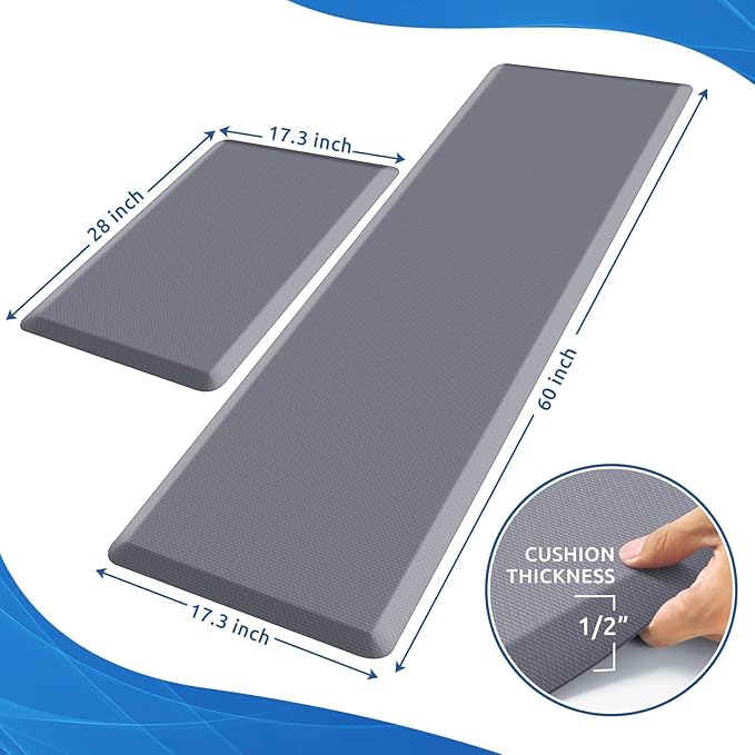KitchenClouds 2PCS Kitchen Rugs Cushioned Anti-Fatigue Non-Slip Waterproof Kitchen Mat Comfort Foam Standing Mat for Floor Office Sink Laundry (Grey)