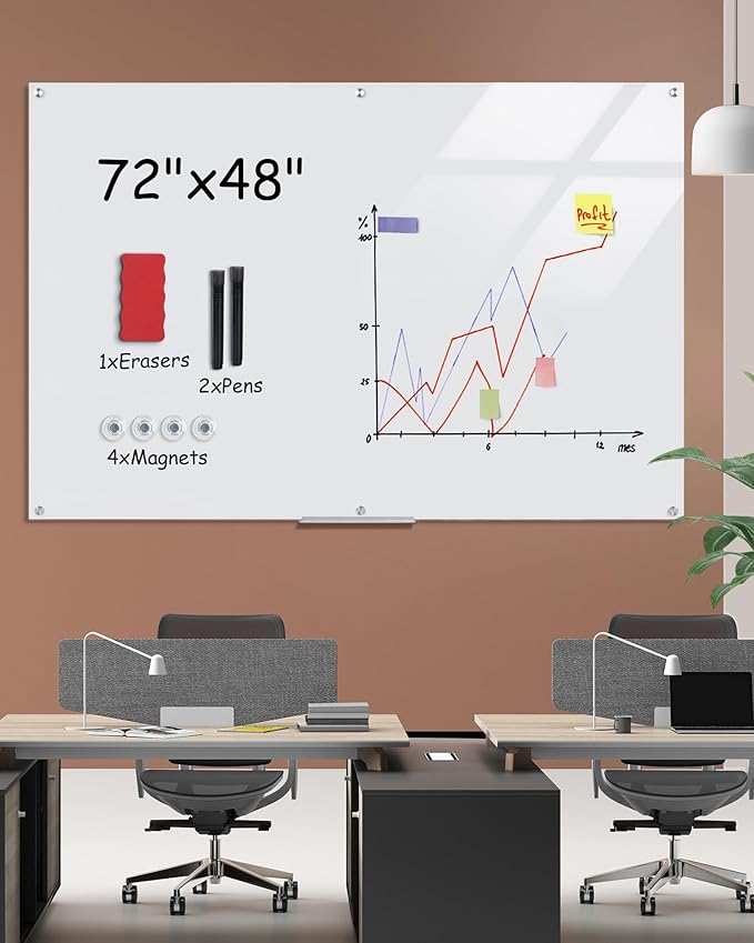 Magnetic Glass Whiteboard，72"x48" Wall Mounted Frameless Dry Erase Board for Office, Home & School Ultra White