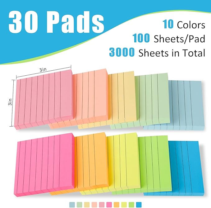 SACATR 30 Pads Lined Sticky Notes, Sticky Note Pads 3x3 inches, 10 Bright Color Sticky Notes with Lines Self-Stick Note Pads, Perfect for Office Home School(100 Sheet/Pad)