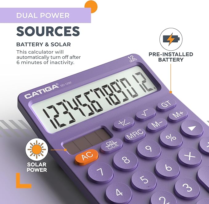 CATIGA 12 Digit Desktop Calculator Basic Desk Calculator with Large LCD Display, Big Buttons, 4 Function, Solar and Battery Dual Power, for Office, School, Home, SD-1292 Purple