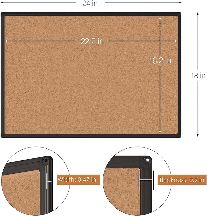Board2by 2-Pack Cork Board Bulletin Board 24 x 18, Black Aluminium Framed Corkboard, Office Board for Wall Cork, Large Wall Mounted Notice Pin Board with 32 Push Pins for School, Home & Office