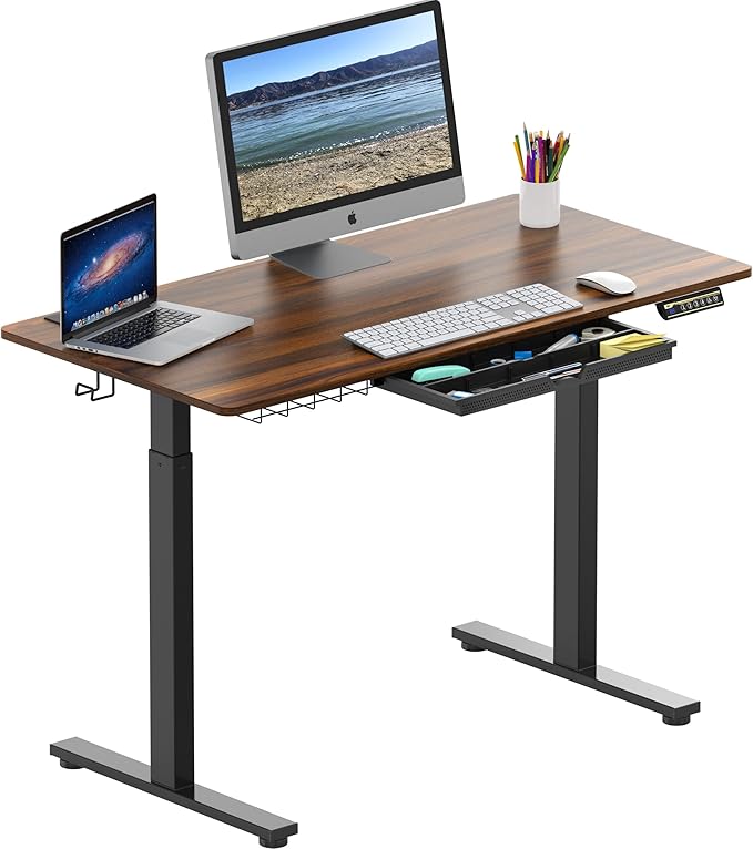 SHW 48-Inch Electric Height Adjustable Standing Desk with Drawer, Memory Preset and Cable Management Tray, Walnut
