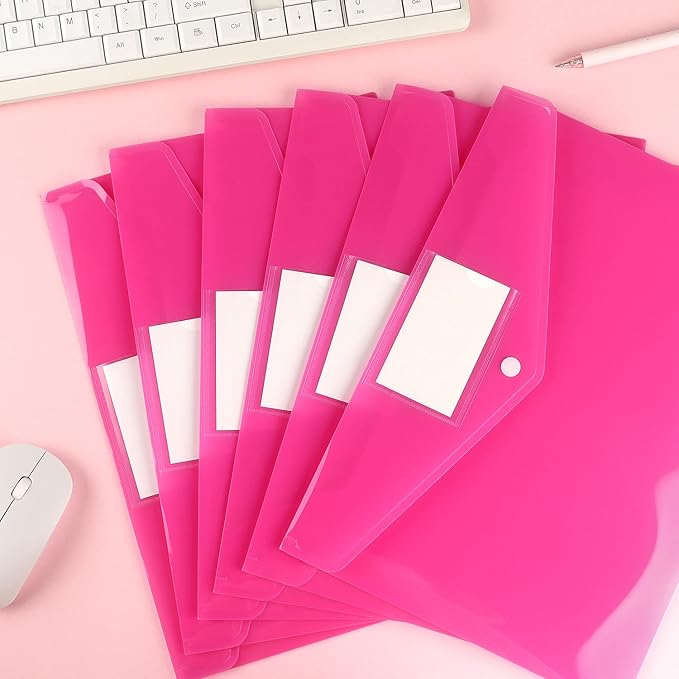 6 Pack Clear Document Folders Plastic Envelopes Poly Envelopes File Envelopes with Label Pocket and Snap Button for Home Work Office Organization, Letter Size/A4 Size (Pink)