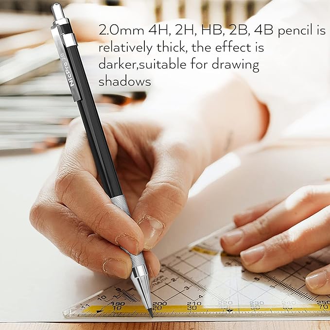 Nicpro 17PCS Metal 2mm Mechanical Pencil Set in Leather Case, 5 PCS 2.0 mm Lead Pencil Holders (4B 2B HB 2H 4H) 6 Tube Black Colored Lead Refills, Erasers, Sharpener For Art Drafting Sketching Drawing