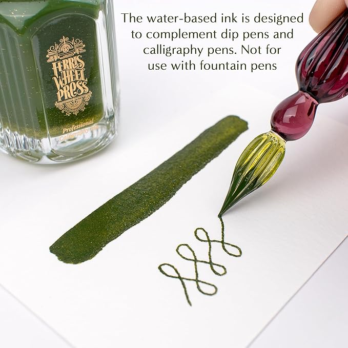 Ferris Wheel Press Juniper Moss 28ml Calligraphy Ink for Calligraphy & Dip Pens - National Art Supply 5x7 Microfiber Cloth - Moss Green with Gold Shimmers - Waterproof Dip Pen Ink for Artists
