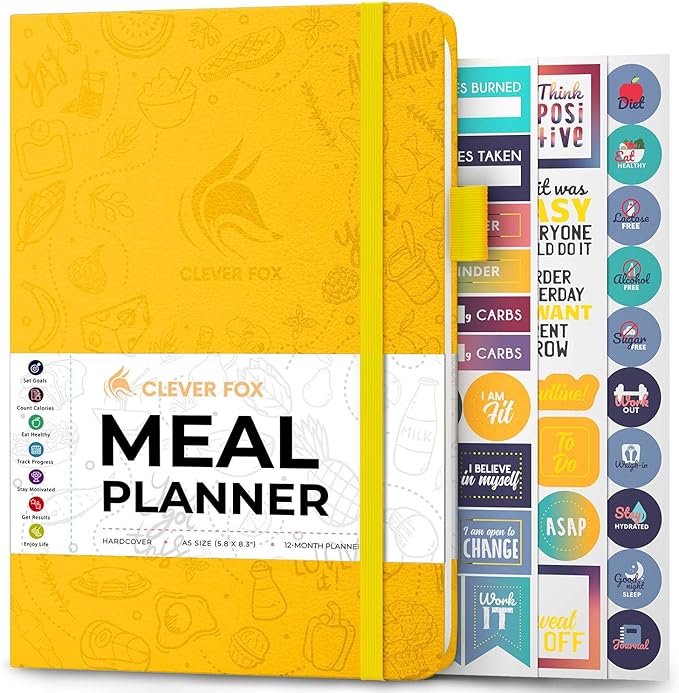 Clever Fox Weekly Meal Planner - Weekly & Daily Meal Prep Journal with Shopping and Grocery Lists for Menu Planning, Healthy Diet & Weight Loss Tracking, Lasts 1 Year, Undated, A5 - Amber Yellow
