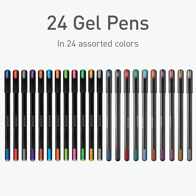 Pentonic Gel Pens, 24 Count, Mixed Pack (12 Assorted Color Pens, 12 Glitter Pens), Medium & Fine Point, Smooth Writing For Journaling (1002355)
