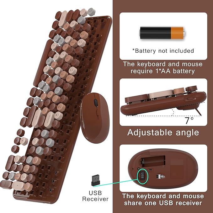 Colorful Wireless Computer Keyboard and Mouse Combo with Round Typewriter Keycaps, Retro Design, Power Switch, Ergonomic Design, 2.4GHz Wireless for Windows, Mac, PC(Coffee-Colorful)