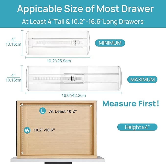 Vtopmart 12 Pack Drawer Dividers for Clothes, 4" High 10.2"-16.6" Adjustable Expandable Dresser Drawer Organizer, Clear Plastic Separators for Dresser, Baby Clothing, Underwear, Cosmetic, Toiletries