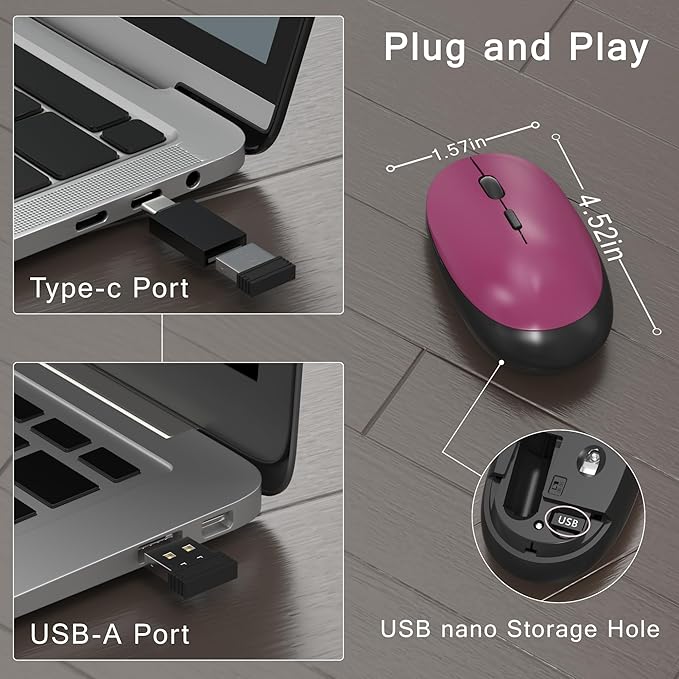 Colorful Wireless Computer Keyboard and Mouse Combo with Round Typewriter Keycaps, Retro Design, Power Switch, Ergonomic Design, 2.4GHz Wireless for Windows, Mac, PC（Black-Claret）