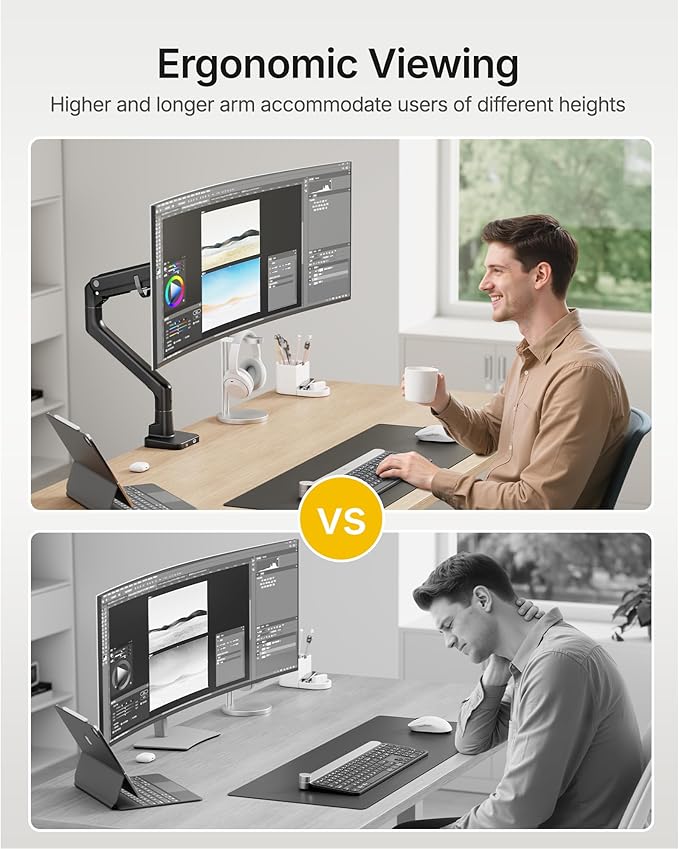 monTEK Single Monitor Arm with USB A/C, Ultrawide Monitor Stand for 17 to 57 Inch Curved Screen, Holds 59.4 lbs, Adjustable Gas Spring Arm, 75/100 VESA Mount, Clamp & Grommet Desk Mount, Black