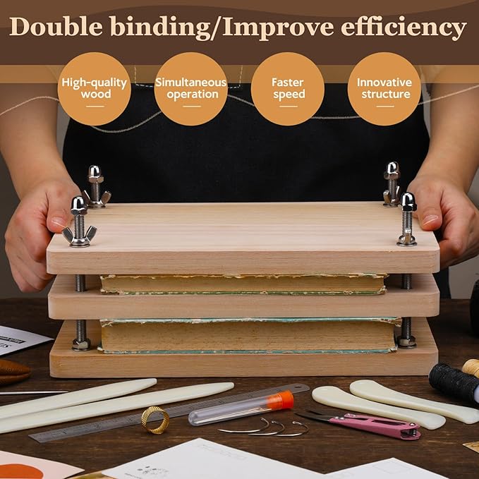 JUPEAN 34 Pcs Book Binding Kits, Book Press(11.81”x7.56”), Books Making Kit with Bone Folder Bookbinding Needles Waxed Threads Books Binding Awl, Bookbinding Tools for Beginners