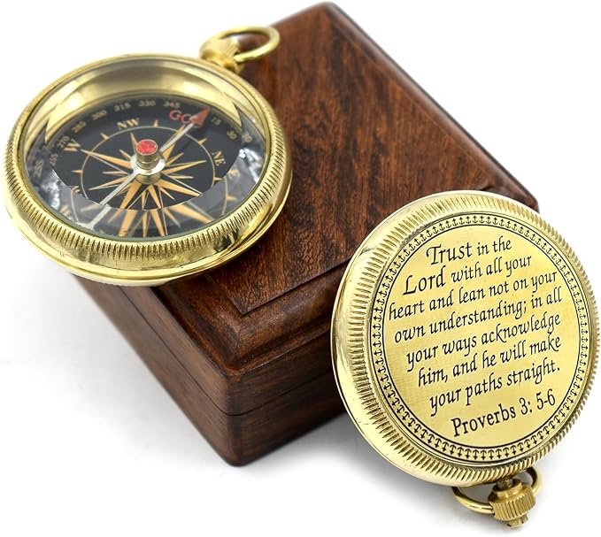 Trust in The Lord With All Your Heart - Proverbs 3:5-6 Quote Engraved Compass With Wooden Box, Greeting Card, Gift Compass, Graduation Day Gifts 2024 for Women Men Boys Girls