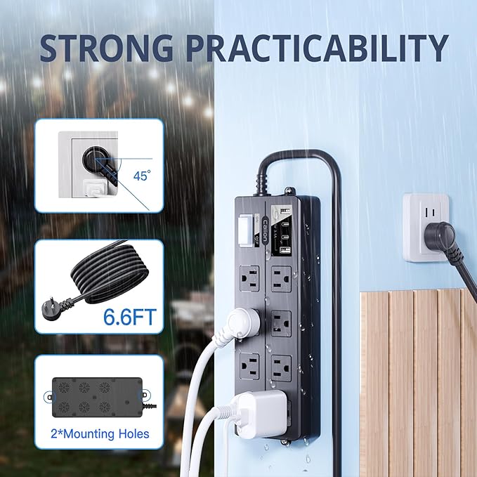 Outdoor Power Strip Weatherproof,Waterproof Surge Protector with 8 Wide Outlets,4 USB Charger,15 FT Extension Cord,16AWG,1875W/15Amps,Multi Outlet Extender for Office Patio Garden Christmas Lights