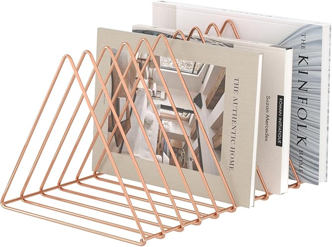 Urban Deco Triangle Desk Organizers Metal Wire Magazine Holder 10 Sections Decorative File Folder Organizer Vinyl Record Storage Office File Organizer For Desk - Rose Gold Magazine File Holder