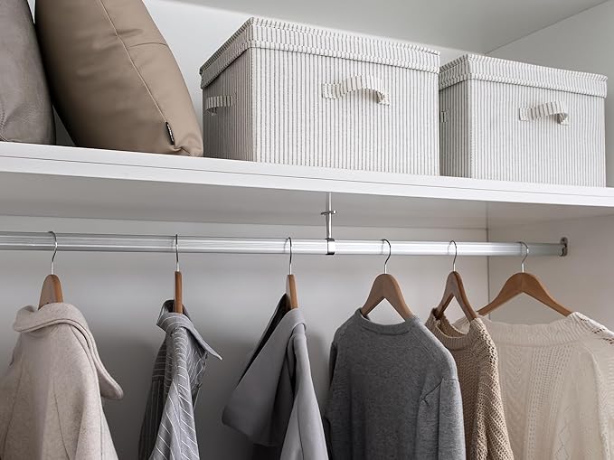 StorageWorks Fabric Storage Bins with Lid, Decorative Storage Boxes for Shelves, Stackable Closet Organizer Basket with Handles, Large, Gray and White Stripes, 2-Pack