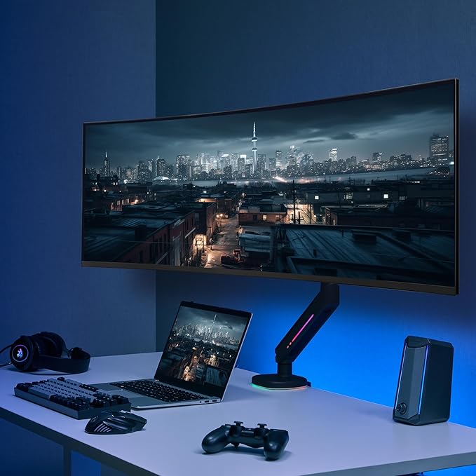 AVLT Single 27”-45” RGB Gaming Monitor Arm Desk Mount Built-in 20 Lighting Modes Touch Button Control Fits Flat/Curved/Ultrawide Screen Height Swivel Tilt Rotation Adjustable Stand -Black