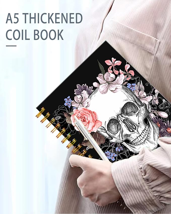 iampanda Spiral Journal Notebook,Strong Twin-Wire Binding with Premium Paper for Girl Women,Pink Floral 60 Sheets A5 College Ruled Notebook/Journal,Perfect for School Office Home Gifts,Cool Skull