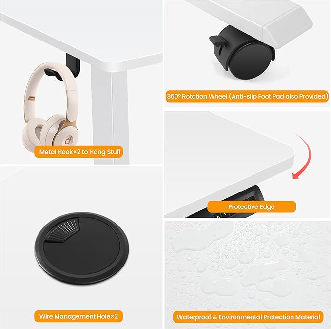 Himimi Electric Standing Desk 48 x 24 inch for Home Office,Sit-Stand Adjustable Desk with Memory Presets,Height Adjustable Desk for Gaming/Working,Free Hook, Lockable Wheels,White