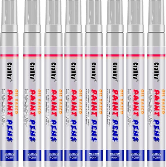 White Paint Markers, 8 Pack Oil-Based Waterproof Quick Dry and Permanent Paint Pen Set for Rocks Painting, Wood, Plastic, Canvas, Glass, Mugs, Metal, Tire, Stone, DIY Craft