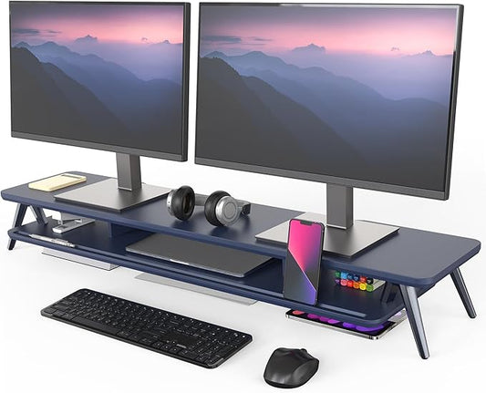 Fenge Dual Monitor Stand, Monitor Stands Riser for 2 monitors, 42.5 Inch Wood Desk Shelf with Storage Organizer and Cable Management for Office Desk Accessories